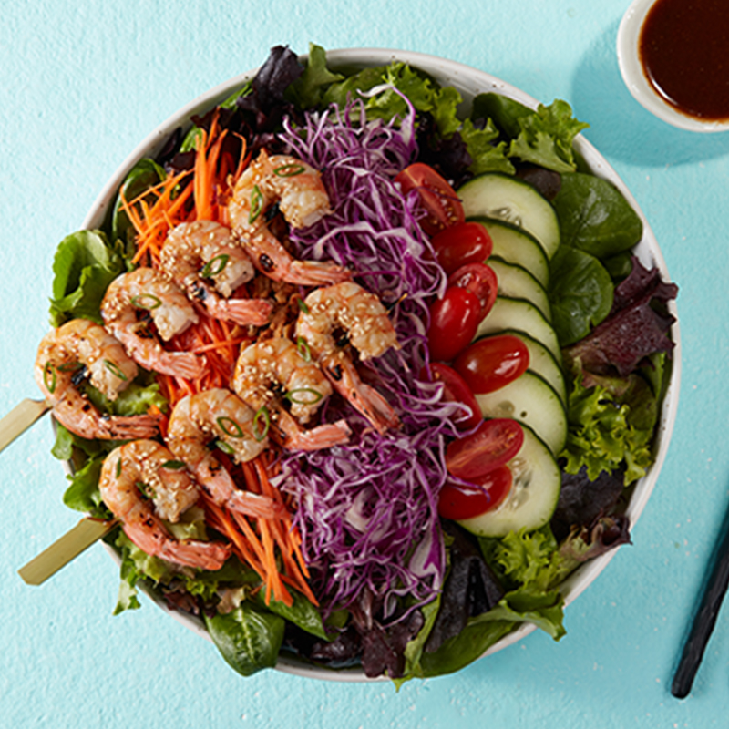House Salad Bowl with Grilled Shrimp Skewer